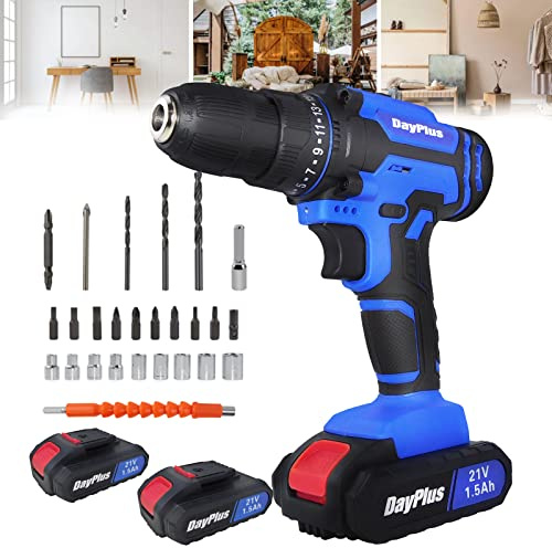 Cordless Combi Drill with Battery, Electric Screwdriver Cordless Hand Drill with 2X 21V 1500mAh Li-Ion, Variable Speed, 25+1 Torque Setting, 45N.m Torque, DIY 26 Piece Accessory Kit