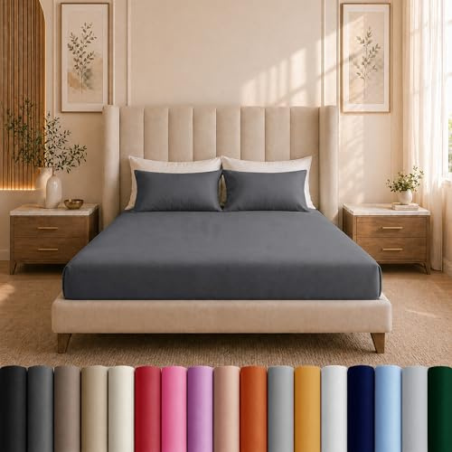 Moonlight Bedding Double Fitted Sheet - 25cm Deep Pockets Ultra Soft Brushed Microfiber Charcoal Double Fitted Bed Sheets Breathable, Fade Resistant Easy Care Bed Sheet (137 x 190 Cm)