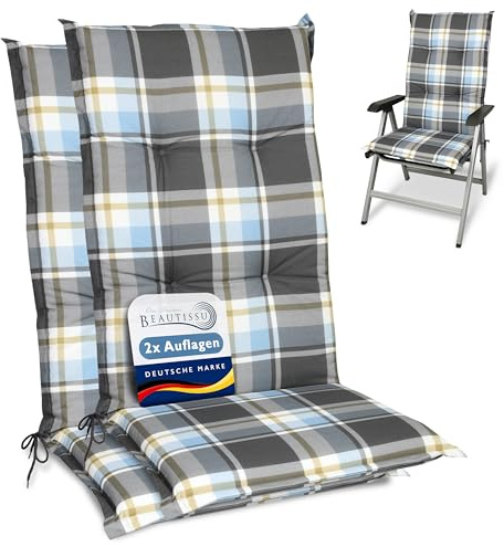 Beautissu 2er Set Hochlehner Auflagen Set Gartenstühle rutschfest Kariert | 120x50cm Blau 6cm Dicke Polsterauflage Bequem Stuhlkissen Sitzauflage 5 Polster UV-Lichtecht Stuhlauflage Garten Sunny BK