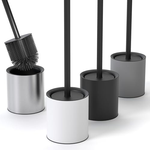 SAVEGA Scopino WC Silicone con Portascopino Inox e Coperchio Protettivo – Scopino Bagno WC Igienico e Resistente (Bianco Opaco)