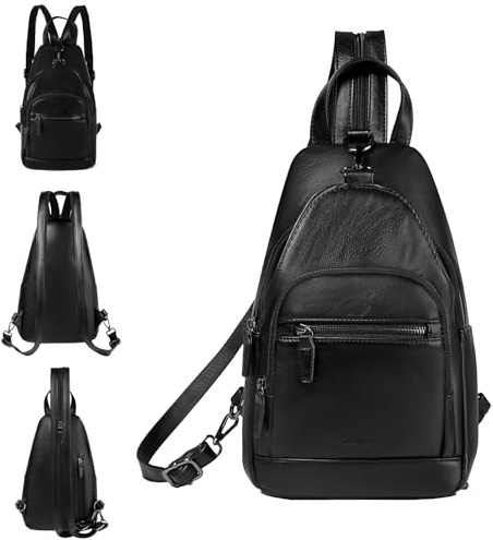 RAVUO Sling Bag Damen,PU Leder Brusttasche Rucksack Umhängetasche,Schwarz | Vintage,Anti-Diebstahl D-Ring,Umkehrbar,Verstellbarer Gurt,3 Tragewege in Einem,6 separate Fächer