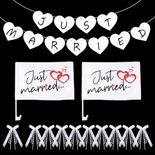 BOFUNX 2 Stücke Hochzeit Autoflagge + Just Married Hochzeitsbanner + 10 Stücke Autoschleifen Hochzeit Braut Autoschmuck Hochzeitdeko Car Auto Wedding Dekoration