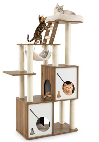 COSTWAY Wood Cat Tree, Modern Cats Climbing Tower with Scratching Posts, Hammock, Condos, Ladder, Removable Cushion, Indoor Kitten Activity Furniture Play House
