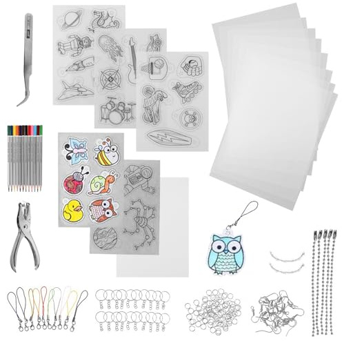 aupawdy 190 Stück Shrink Plastic Set, Schrumpffolie zum Basteln, Schrumpffolien Set, Inklusiv Schrumpffolie Set Schlüsselanhänger, Schließe, Bleistifte, Locher für Kinder DIY Handwerk