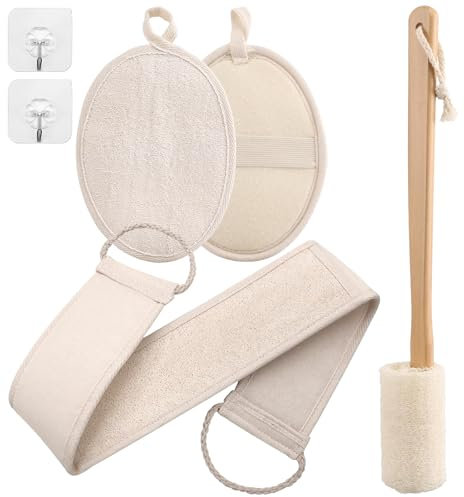4 Pack Loofah Exfoliating Back Scrubber Set Natural Loofah Sponge Pad Long Wooden Handle Loofah Luffa Loofa Bath Brush Double Side Scrubbing Strap Back Scrubber for Men Women Bathroom Accessories