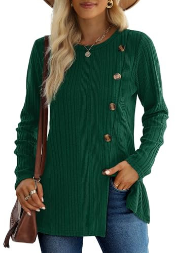 XIEERDUO Pullover Damen Herbst Winter Strickpullover Damen Rundhals Langarmshirt Damen Schlitz Tunika Top Damen mit Knöpfen Oberteile Elegant Grün XL