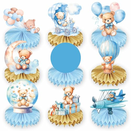 HEYOMI 9 Stück Gender Reveal Party Deko Bienenwabe Mittelstück Tischdekoration Bär Dekoration für Baby Shower Geschlecht Verkündung Party Zubehör Enthüllung Partydeko Tischaufsätze