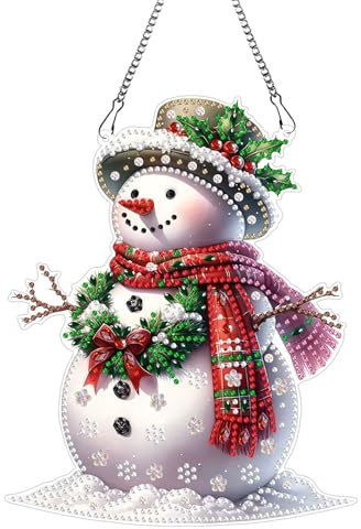 CXINLky DIY Diamond Art Painting Weihnachts Anhänger mit Kette, Diamant Art Painting Schneemann Fensterbilder, 5D Diamond Malerei Wandbehang Kits für Fenster Wand Garten Decor-03-Schneemann