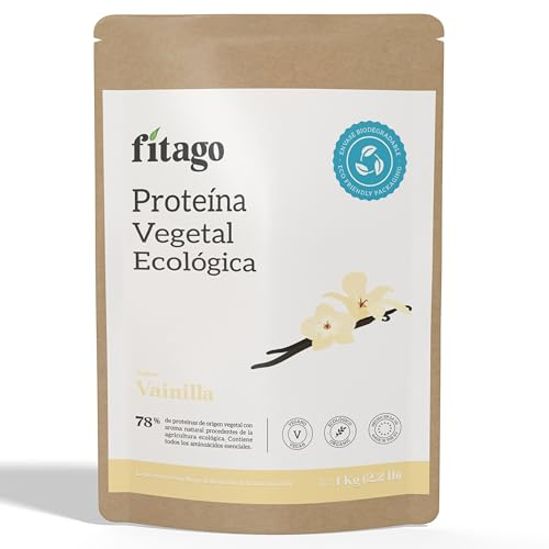 Proteina Vegana Ecologica en Polvo, 1kg | Sabor Vainilla | 78% de Proteína Vegetal | Triple Fuente Arroz, Guisante y Cáñamo | Sin Edulcorantes Artificiales | Sin Gluten | Apta para Veganos - Fitago