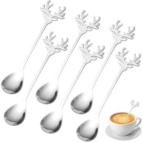 6 Stück Elch Löffel Edelstahl Löffel Weihnachtslöffel,Milchtee Kaffee Kaffee Zuckerlöffel Für Kaffee, Eisportionierer, Kreatives Kaffeelöffel-Set aus Edelstahl teelöffel (Silber)
