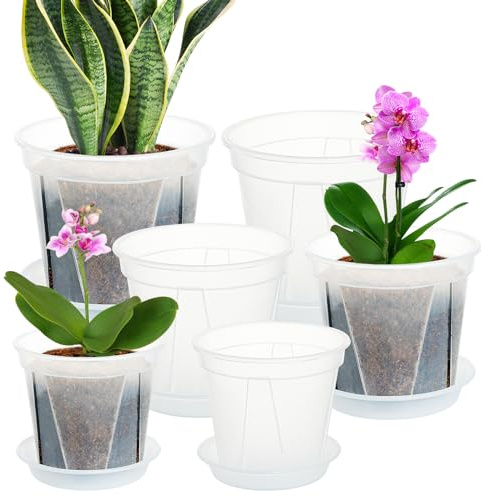 IWTTWY Lot de 6 Pots à Orchidées, 12/15/18 cm Pots de Fleurs en Plastique | Pot de Fleur Interieur avec Trous et Soucoupes pour le lys de la paix, l'orchidée queue de tigre (Transparent)