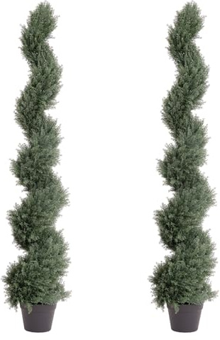 THE BLOOM TIMES 5ft Spiral Artificial Topiary Trees Set of 2, Faux Cedar Trees for Outdoor Planters - Fake Twist Cypress Plants for Garden Front Porch Indoor Outside Decor 5 Foot