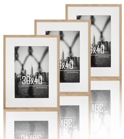 VUVUZULA Juego de 3 marcos de fotos de madera de roble, 30 x 40 cm, marco de madera natural, con paspartú, marco de póster