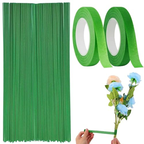 2 Rollen Floristenband (28m/Rolle), 150 Pcs Blumendraht Floristik Kreppband Floristikdraht Grün Steckdraht, für Wrapping Blumensträuße und floralen Handwerken Handwerk Kranz Blumendraht Stäbe