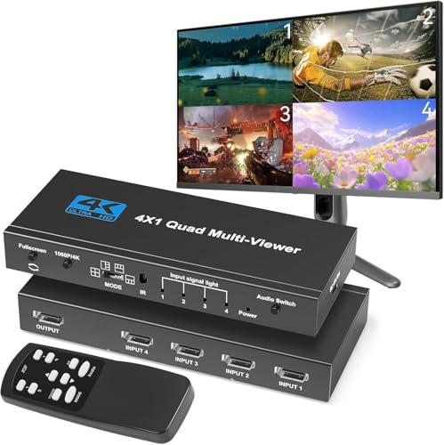 HDMI Multiviewer Switch 4x1 4K 30Hz, Seamless Switcher 4 in 1 Out mit IR-Fernbedienung, unterstützt 4K Full HD und 5 Anzeigemodi für Spielkonsolen Sicherheitskamera PS4 PC zu TV Monitor