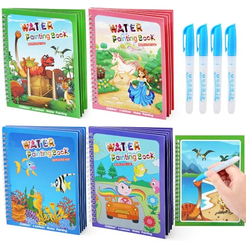 LEADSTAR 4 PCS Magic Water Colouring Books for Kids Reusable Water Painting Books for Children with 4 Pieces Water Pen for Kids Educational Toys, Magic Colouring Book with Theme of Dinosaur