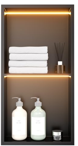 TSIBOMU 12 X 24 Stainless Steel Shower Niche with LED Lights, Matte Black Double Shelves Recessed Shower Niche No Tile Needed for Bathroom/Bedroom Storage