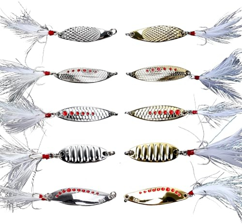 Balifly Spoon Fishing Lures mit Rooster Tail Drillingen 10 Stück FS/YE-09 | Zinklegierung Spinner Baits Angelköder für Forellen Hechte Barsche Zander Lachse Angelköder