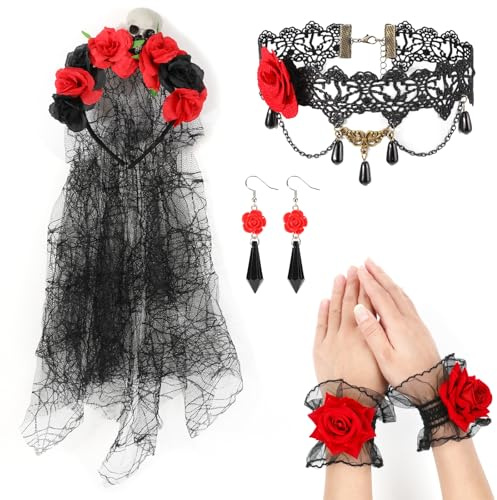 MWOOT Halloween Jour des Morts Bandeau Crâne Roses Serre-Tête Collier Ras Du Cou Gothique Manchette en Dentelle Rose Boucles D'Oreilles Pendantes, Accessoires de Costumes pour Cosplay Carnaval