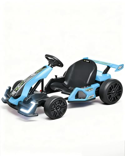 Blitzshark 24V Kids Go Kart 300W Drift Kart Powerful Electric Pedal Kart Outdoor Race Toy, with 2X150W Strong Motor, 7AH Battery, EVA Tire, Drift/Sports Mode, Brake Pedal, Length Adjustment, Blue