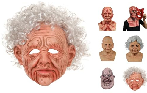 Halloween Maske Alte Frau Latex realistisches Gesicht Kopfstück Horror Festival Gruselige Carnival Cosplay Props Vollmaske Dekoration Kopfbedeckung Perücke Kostüm Damen Herren Erwachsene Party