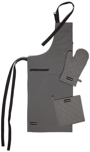 Encasa XO Kitchen Apron with Oven Gloves & Potholder - Combo Set - 100% Cotton, Heat Resistant