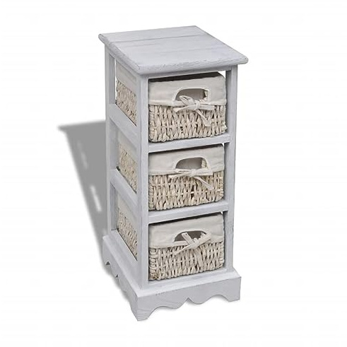 XHNIFBN Weißes Holz-Schränkchen mit 3 Flechtkörben Paulownia 25 x 28 x 58 cm Landhausstil Robuster Aufbewahrungsschrank für Bad Flur und Schlafzimmer