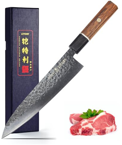 Kitory Couteau de cuisine japonais Gyutou 20 cm – Couteau de cuisine professionnel et tranchant avec manche élégant en bois d'ébène africain et plaquette en caoutchouc rouge