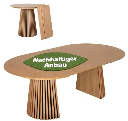 MR. DEKO ausziehbarer Esstisch Oria oval 120/210 x 120 cm | Tisch Eiche FSC® 100% Natur | Esszimmer-Tisch ausziehbar Lamellengestell Vollholz | Küchentisch modern | Diningtable Natur Oak
