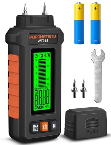 POROMETISTO WT01S Medidor de Humedad con Pines para Madera y Pared, Higrómetro Digital con 5 Modos, Pantalla LCD Retroiluminada Tricolor, Función Hold y Max, para Madera y Construcción