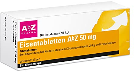 Eisentabletten AbZ 50 mg Filmtabletten, 50 Stück, bei Eisenmangel | Zum Ausgleich von Eisenmangel. Für Erwachsene und Kinder ab 25 Kilogramm Körpergewicht.