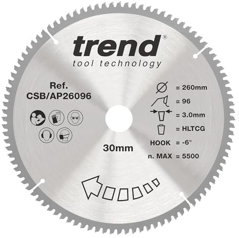 Trend Kreissägeblatt Aluminium/Kunststoff, 260 mm, 96 Zähne, 30 mm Bohrung | Schneidet Aluminium und Kunststoff sauber, mit HW-Zähnen, 2,8 mm Schnittbreite und -6° Hakenwinkel, CSB/AP26096