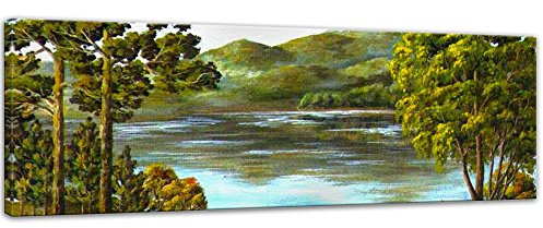 Bilderdepot24 Keilrahmenbild - Herbst Bergsee - Bild auf Leinwand 120 x 40 cm einteilig - Leinwandbilder Bilder als Leinwanddruck Landschaften Malerei - grüne Hügel mit See