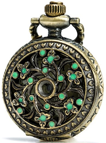 SEWOR Orologio da tasca al quarzo giapponese con quadrante liscio e quadrante liscio alla moda con doppia catena (metallo e pelle), Piccolo, verde.