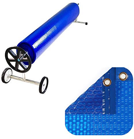 International Pool Protection Couverture Thermique de 500 microns Geo Bubble avec Renfort en Tout Le Contour + Enrouleur télescopique de 81 mm 8 x 6.5m
