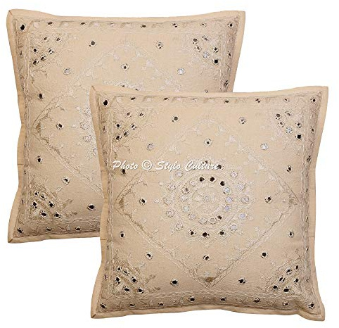 Stylo Culture Décoratif Ethnique Housse De Coussin pour Canapé 40 x 40 cm Coton Beige Brodé en Miroir Carré Fermeture Enveloppe 16x16 inch Bohème Indien Housses d'oreiller pour Chambre - 2 Pièces