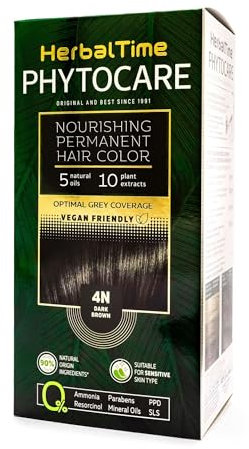 Herbal Time Phytocare Permanent Haarfärbung, Farbe Dunkelbraun 4N | Professionelles Naturhaarfarbe Kit | Pflegt und schützt dein Haar | Ohne Ammoniak, PPD und SLS | 124,5 ml