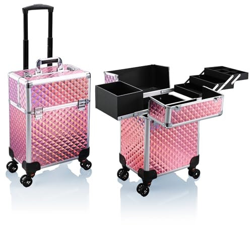 Stagiant Rolling Makeup Train Case Cosmetology Case on Wheels Travel Cosmetic Suitcase Trolley Makeup Luggage Storage Box 4 Tray with Lock Middle Layer Salon Nail Tech Cart Traveling Tattoo Case Pink