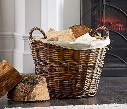 Vintage Decor ® Large Round Brown Rustic Wicker Fireside Log Basket With Removable Washable Cotton Liner & ties, Stylish Storage Solution, Laundry, clothes, toys, shoes and logs. 50cm D x 35cm H