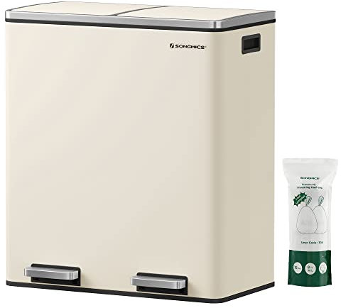 SONGMICS Mülleimer, 2 x 30 Liter, 2 Fächer, Mülltrennsystem, Treteimer, Abfalleimer Küche, 15 Müllsäcke, Metall, Inneneimer aus Kunststoff, Klappdeckel, Softclose, luftdicht, mandelfarben LTB060A01