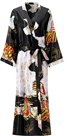 Feslieacc Women's Plus Size Silk & Satin Kimono Robes - Long Wrap Robe, Black, 4XL/5XL