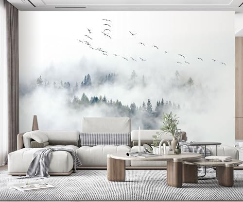 Fototapete Kinderzimmer Tapete Fliegende Vögel Kiefern Wald Wolken Tapeten 3D Effekt Vliestapete Wandbilder Schlafzimmer Wanddeko Wohnzimmer