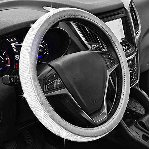 Lenkradbezug aus Diamantleder für Damen mit Bling-Bling-Kristall-Strasssteinen, Universal-Passform, 38 cm Auto-Radschutz (Gray)