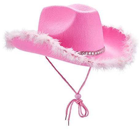 Geagodelia Damen Cowboyhut mit Flauschig und Glitzer Dekoration Cowgirl Hut Mütze Kopfbedeckung für Party Halloween Karneval Kostüm Kostümzubehör