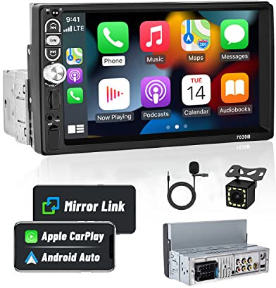Hikity 1Din CarPlay Autoradio Android für Auto mit 7 Bildschirm, Touch Display mit Bluetooth USB AUX FM Radio Unterstützung Mirror Link Lenkradsteuerung+Rückfahrkamera