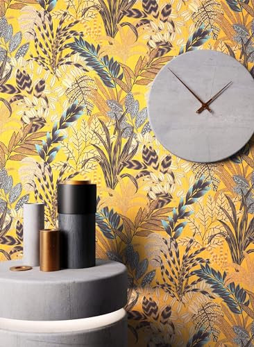 Newroom carta da parati Giallo Giungla Tessuto non Tessuto - Floreale Marrone Ocra Fiori Foglie Tropicale