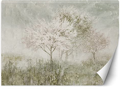 Feeby Carta Da Parati Prato Alberi Natura 400x280 cm beige XXL Decorazione Fotomurali Tessuto Non Tessuto Soggiorno Camera da letto Moderne Design Piante Cielo Nebbia