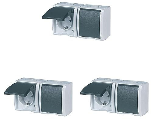 REV AquaForm, Doppelsteckdose-Feuchtraumsteckdose, IP44, einpolig, Aufputz, grau (Packung mit 3)