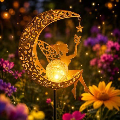 Lampes solaires en forme de lune pour jardin, extérieur, balcon, elfe et fée de fleurs, lampe solaire étanche pour extérieur, terrasse, cour, pelouse [Classe énergétique E]
