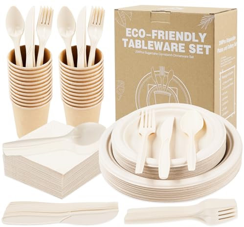 Anstore Set di Piatti e Bicchieri di Carta, 200 Pezzi Stoviglie Compleanno, Piatti Carta Biodegradabile per Feste, Compleanni, Matrimoni (25 Ospiti-Piatti,Cucchiai,Forchette,Coltelli,Tazze,Tovaglioli)